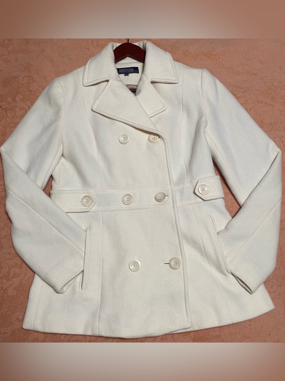 Kenneth Cole Reaction Women's Off-White Double-Breasted Pea Coat Size 10